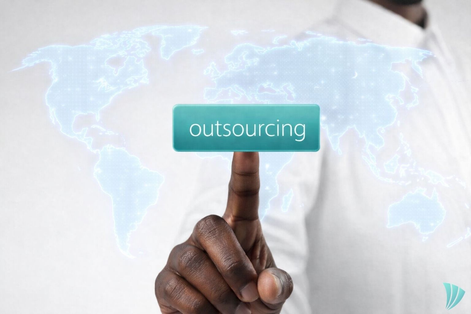 Outsourcing bookkeeping services concept with a finger pressing 'outsourcing' on a digital world map.